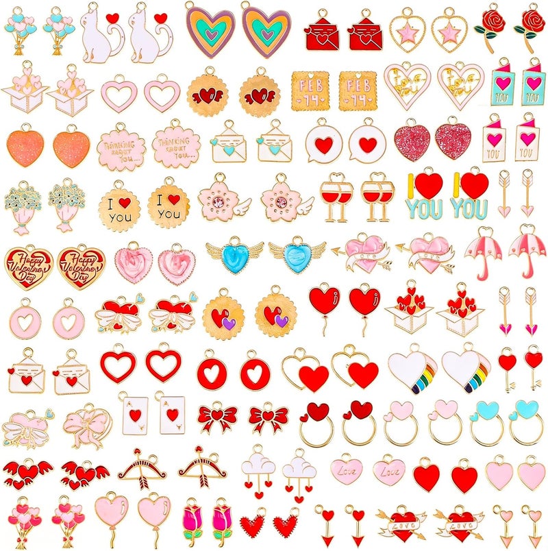 Modacraft 120 Pcs / 60 Pairs Valentine's Day Charms - Gold Enamel Valentine Charms for Jewelry Making, Multiple Romantic Styles Pendant for Making Necklaces, Earrings, Valentine's Day Gifts - Image 1